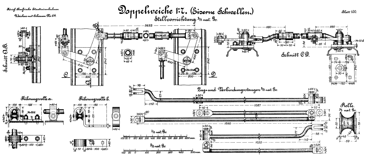 Musterblatt 100 Doppelweiche 1:7 Umlenkhebel, Stellstangen und Rollenhalter